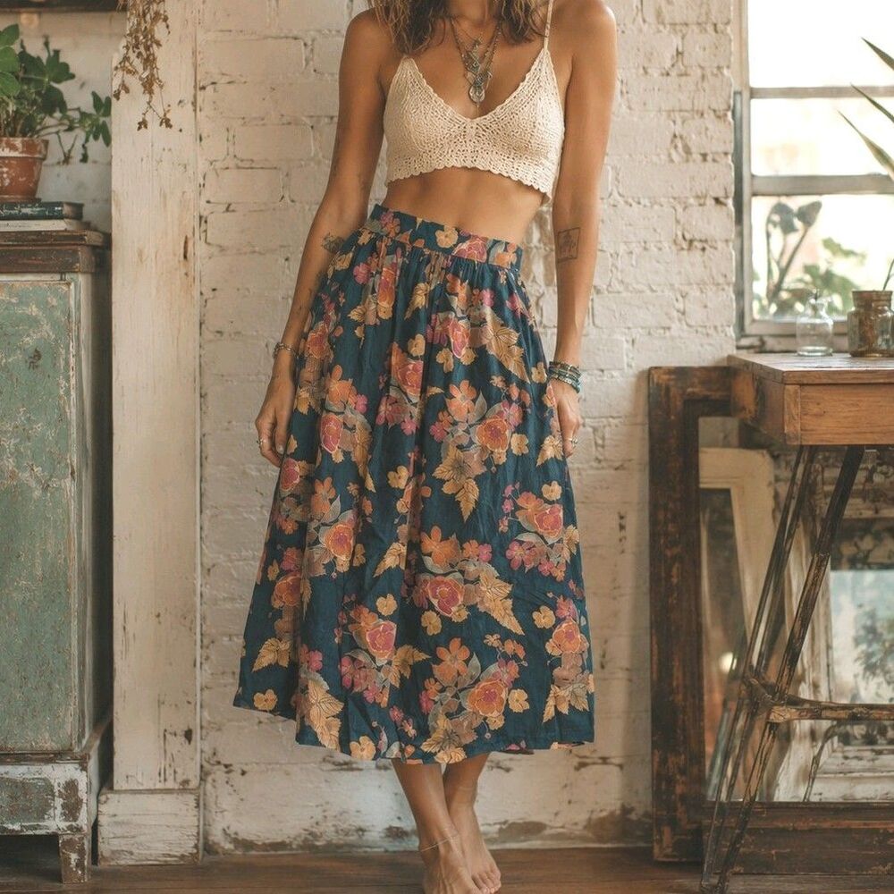 Vintage 70s Floral Tropical Midi Skirt Sz 6 28" Pockets Retro Boho Cottage *SIZE